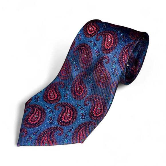 GIANNI VERSACE '90s Tie 100% Silk Paisley Blue and Burgundy Neck Tie - Picture 1 of 4
